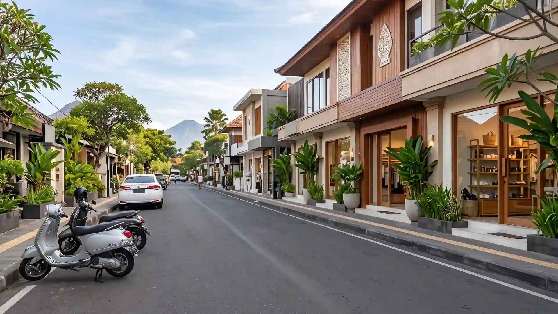 Shopping street with a scooter in Bali