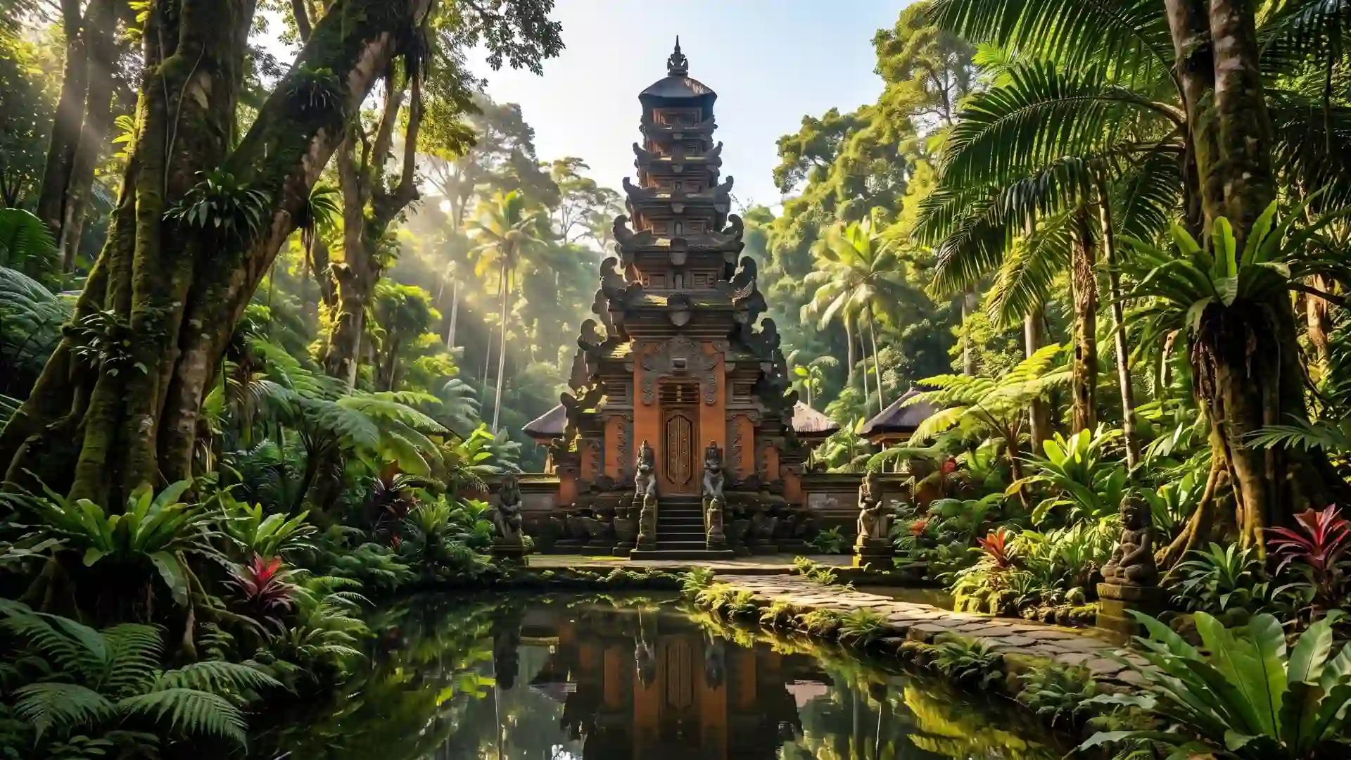 Balinese temple gate beside a pond in the jungle