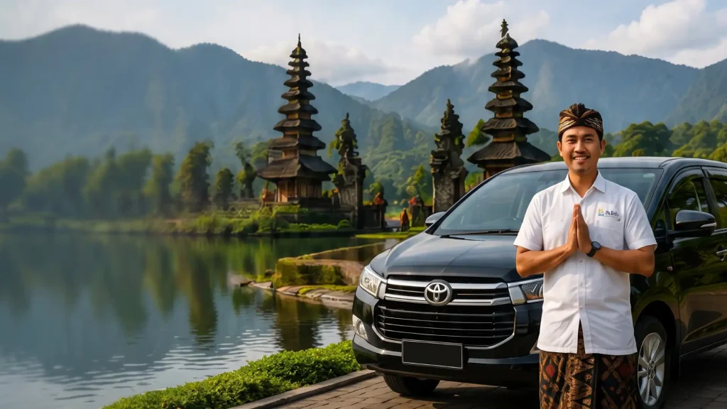 Taxi Airport Bali driver with a private car beside a lake temple in Bali