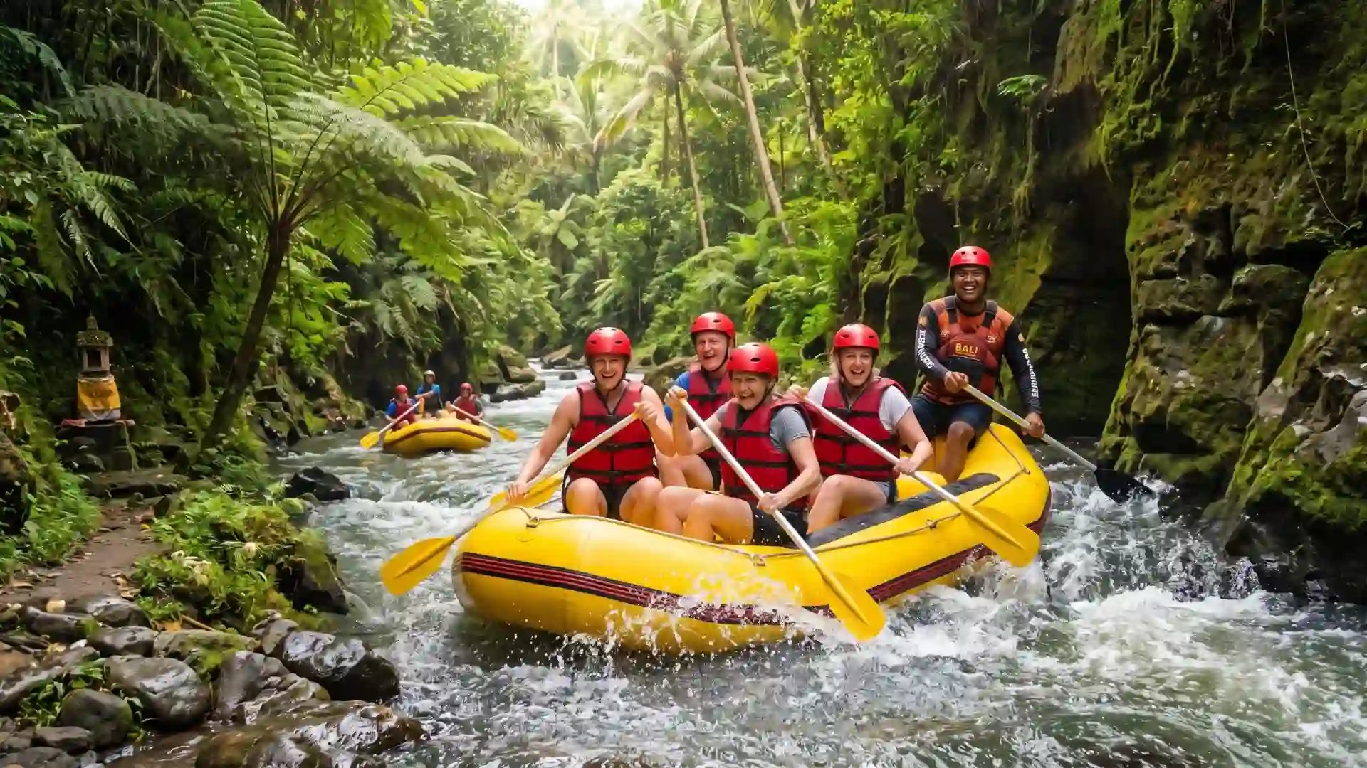 Group white water rafting on a jungle river in Bali