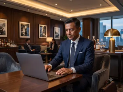 Business traveller working on a laptop in a hotel lounge