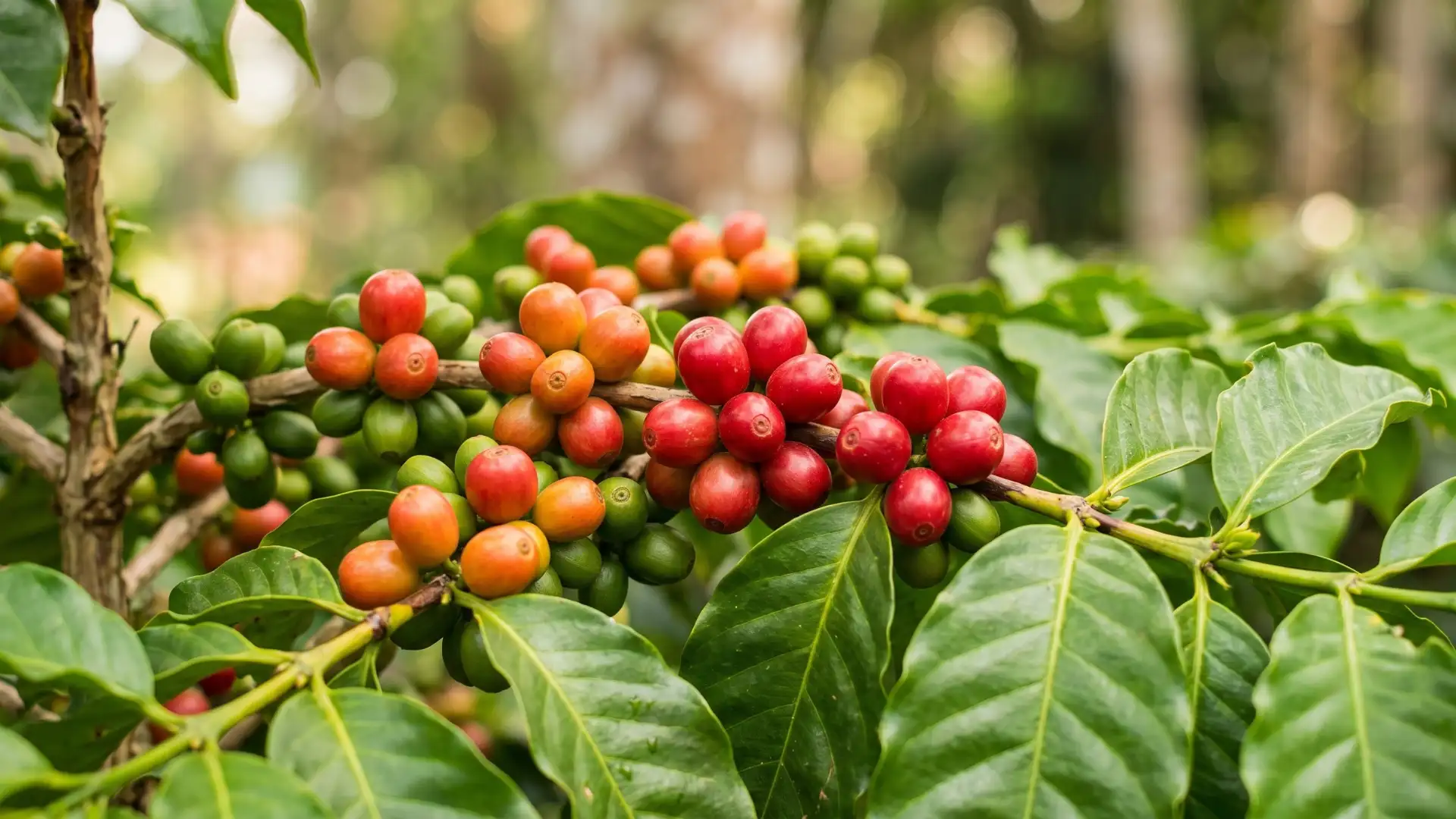 Ripe coffee cherries on a branch at a Bali coffee plantation