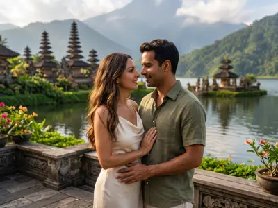 Couple at a lakeside temple in Bali