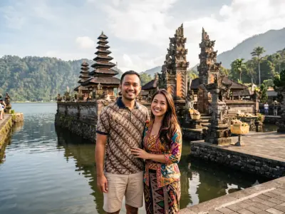 Travellers posing at a lakeside temple in Bali