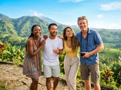 Four friends at a hillside viewpoint in Bali