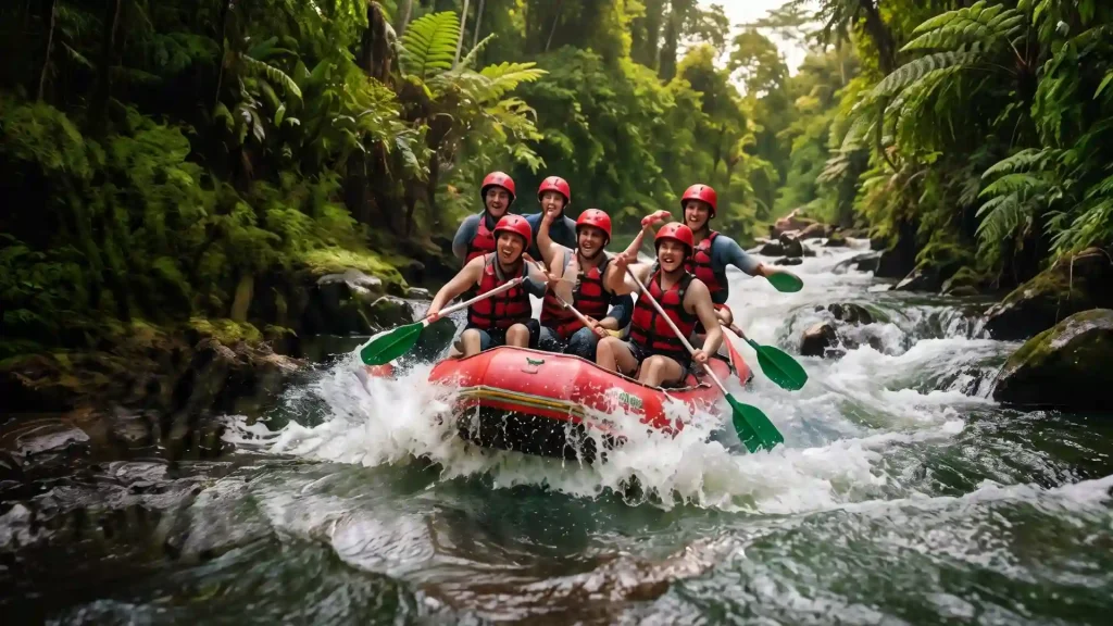 Raft going through rapids on a jungle river in Bali