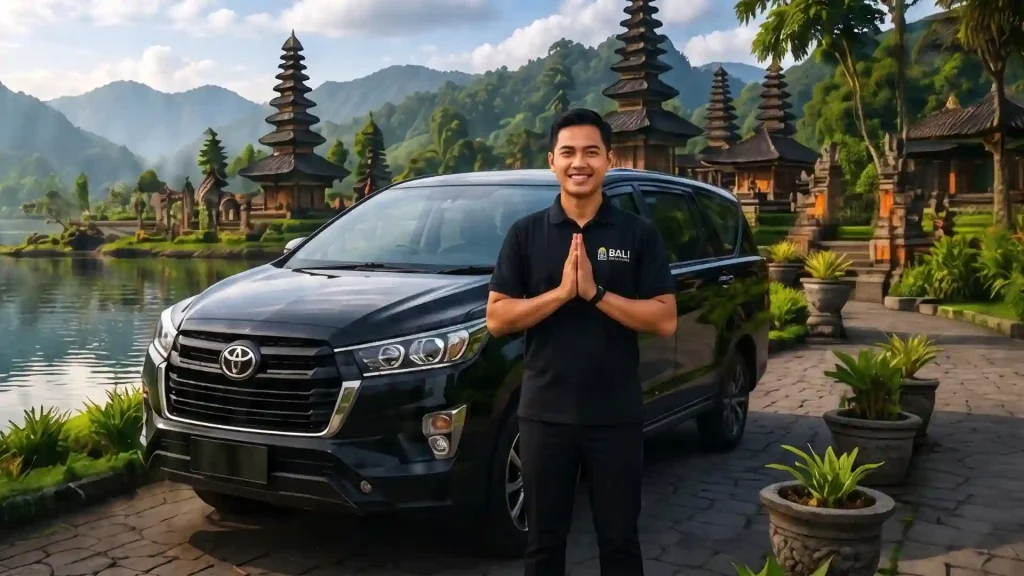 Private driver greeting guests beside a black MPV at a lakeside temple in Bali