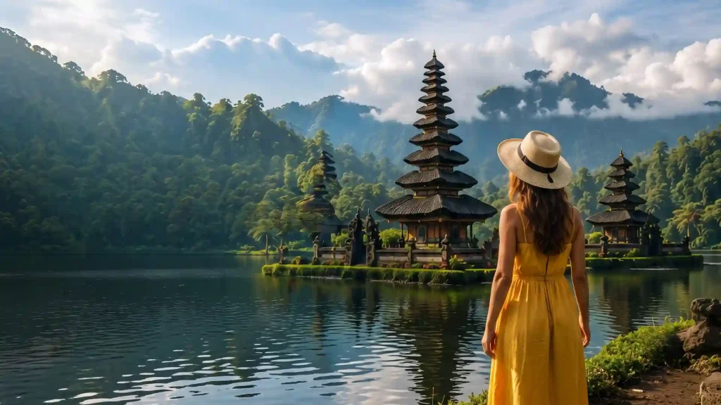 Traveller in a yellow dress looking at a lakeside temple in Bali