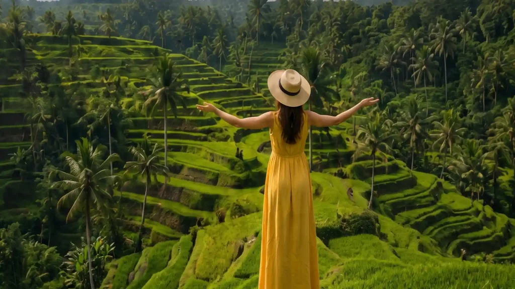 Traveller in a yellow dress at the rice terraces near Ubud, Bali