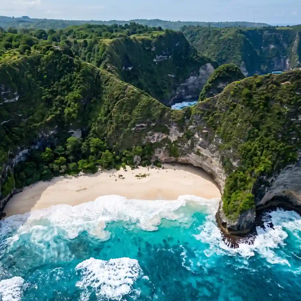 Kelingking Beach cliff and bay on Nusa Penida