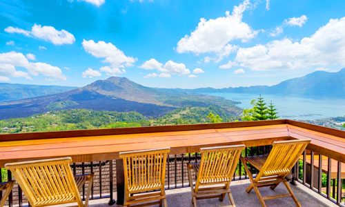 Restaurant terrace overlooking Mount Batur in Kintamani, Bali