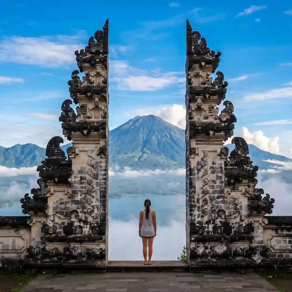 Gate of Heaven at Lempuyang Temple with Mount Agung behind