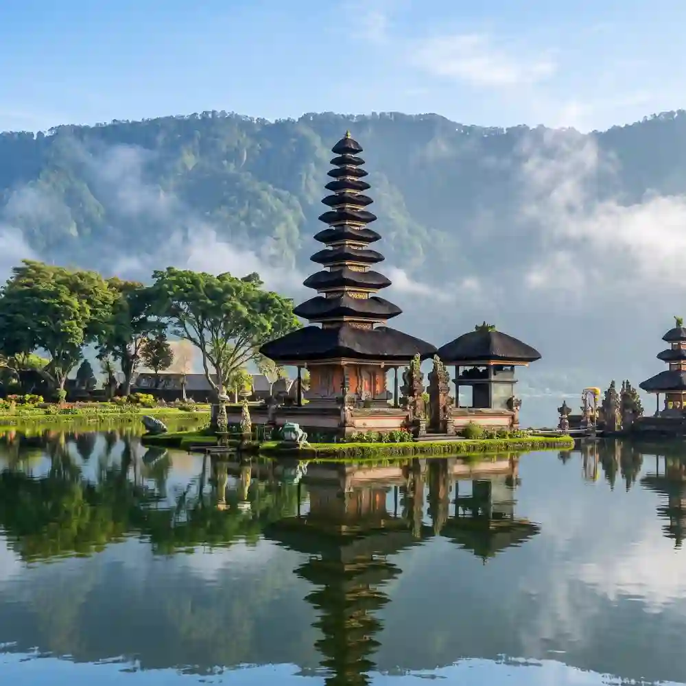 Pura Ulun Danu Beratan temple reflected in Lake Beratan, Bedugul
