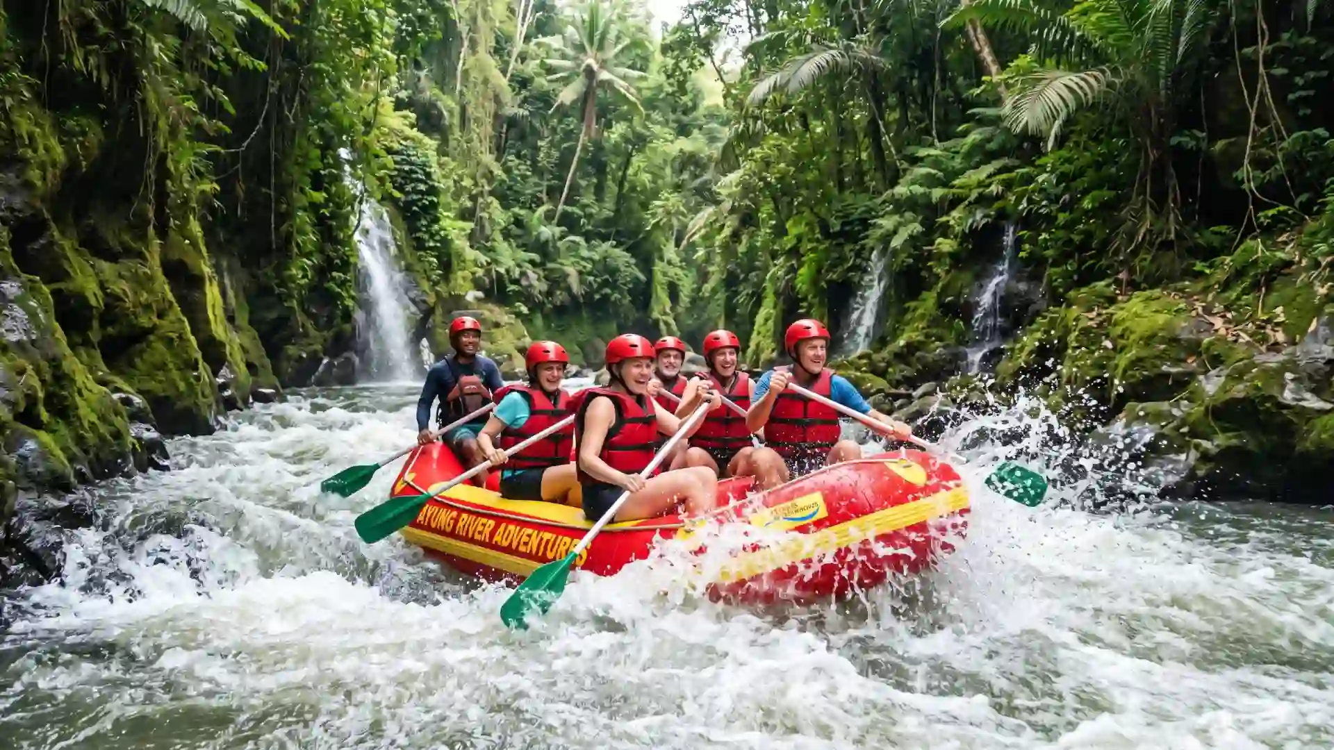 Rafting through rapids on a jungle river in Ubud, Bali