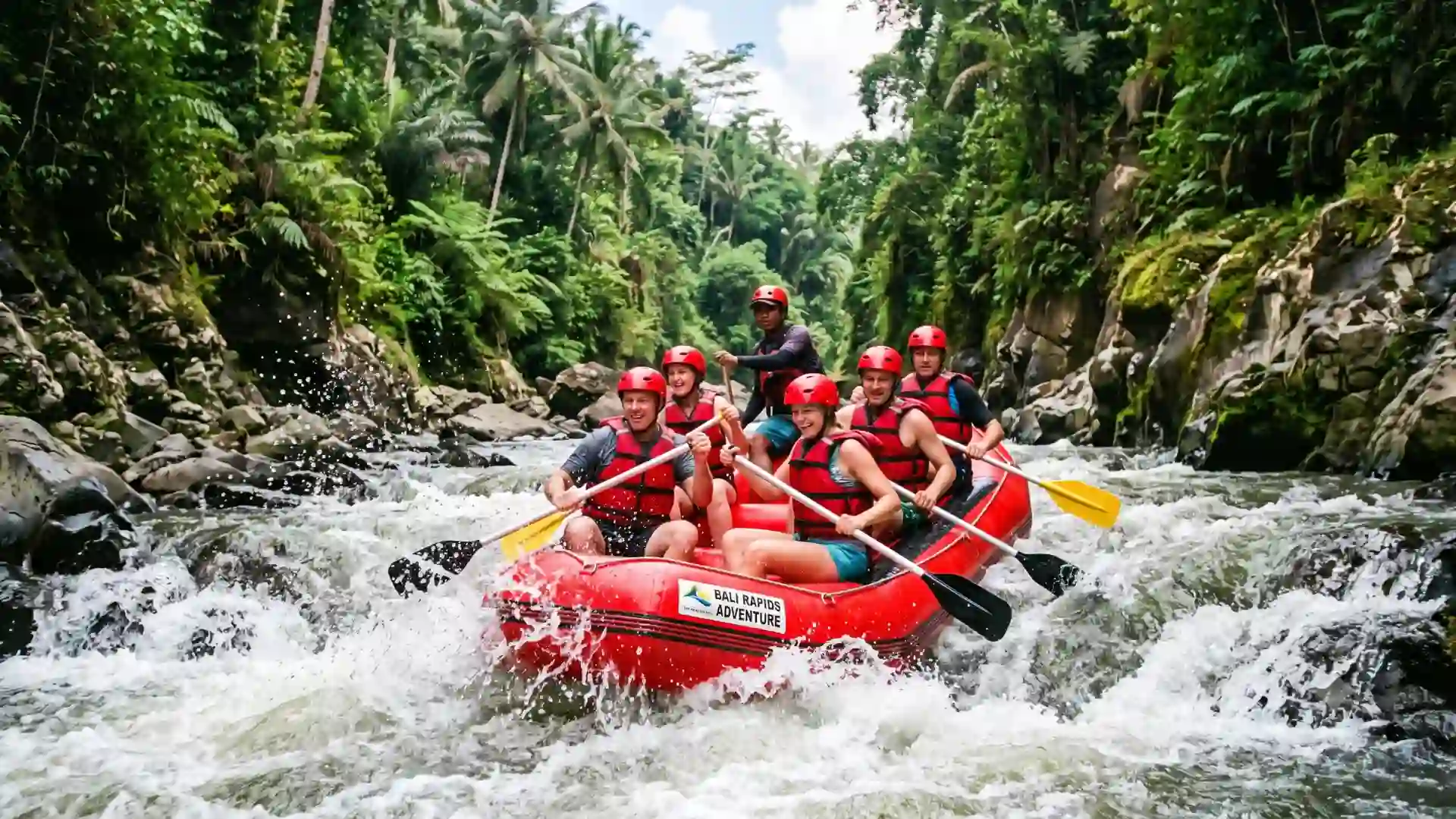 Group rafting down a river in Ubud, Bali