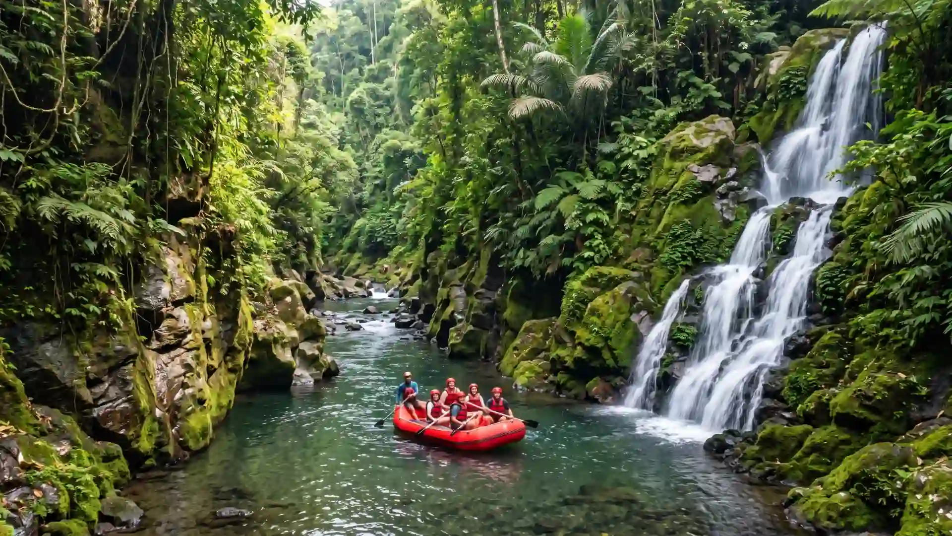 Raft passing a waterfall in a river gorge in Ubud, Bali