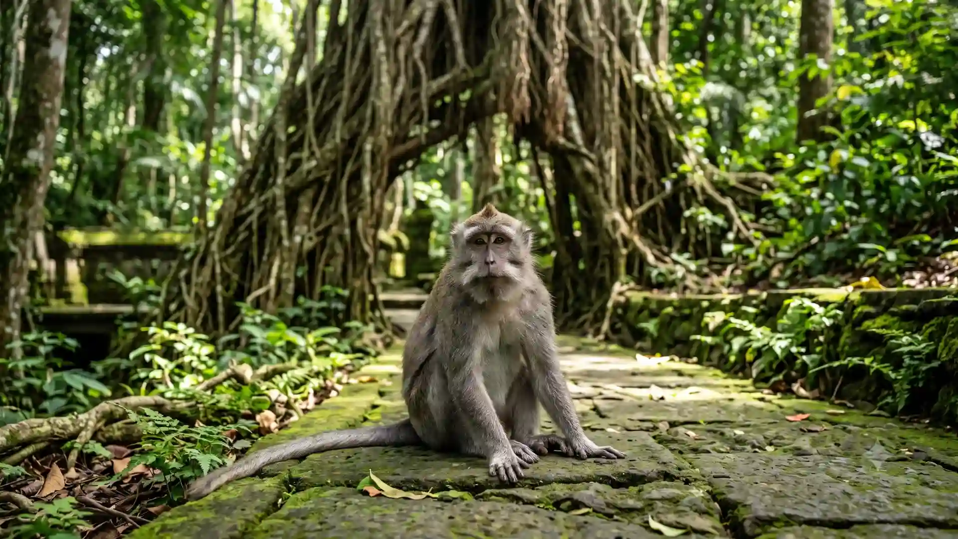 Monkey on a stone path at the Sacred Monkey Forest in Ubud