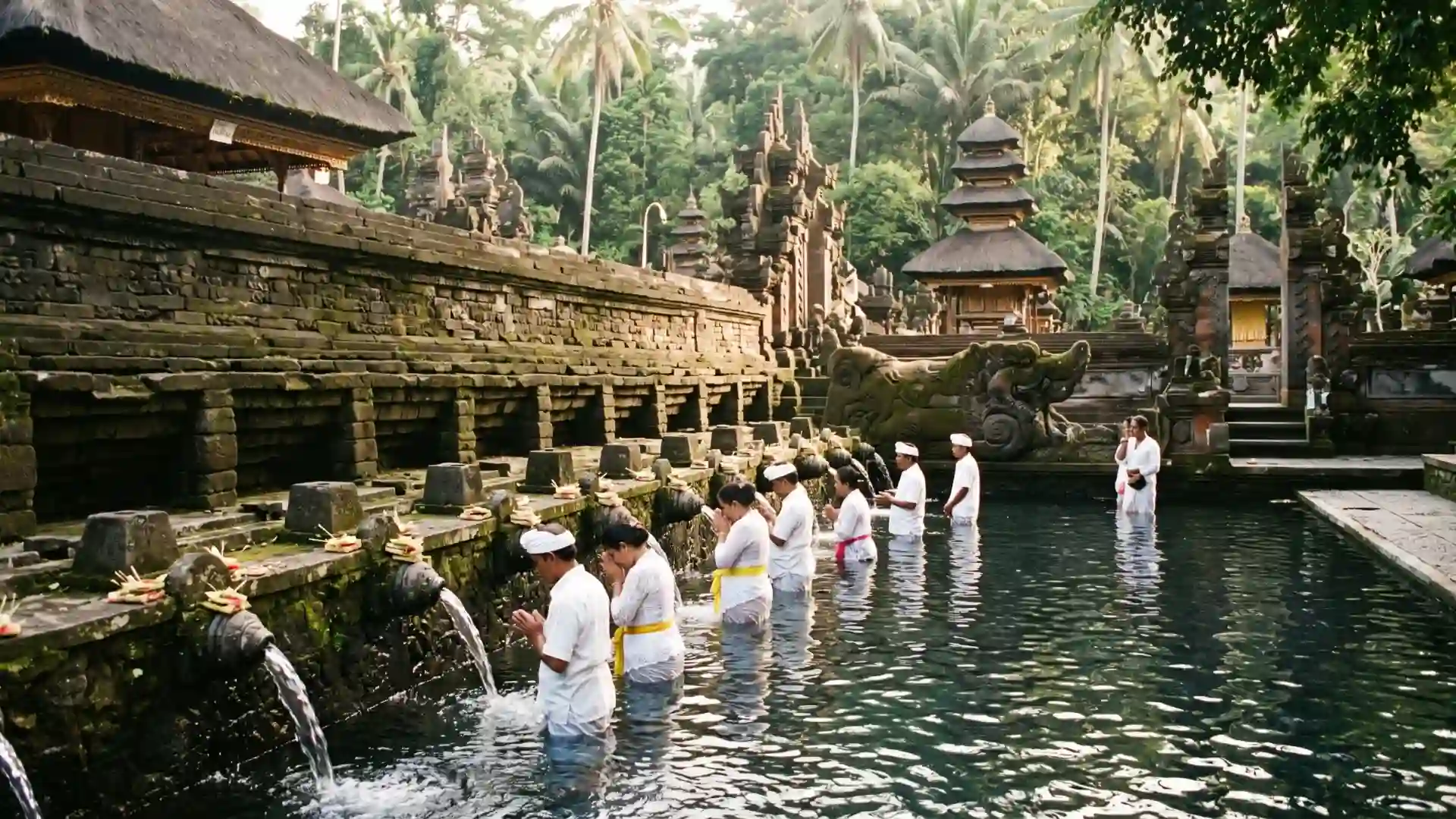 Visitors bathing at the holy springs of Tirta Empul Temple, Bali