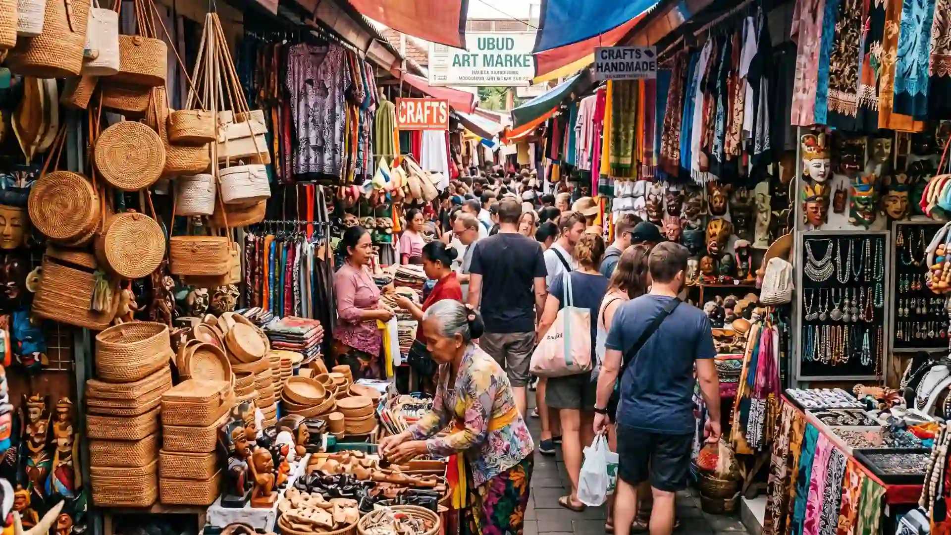 Stalls and shoppers at Ubud Art Market, Bali